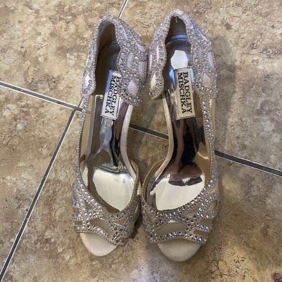 BHLDN Badgley Mischka Marla Peep Heels Embellished Nude Peep toe Pumps Size 6.5 - Picture 5 of 9